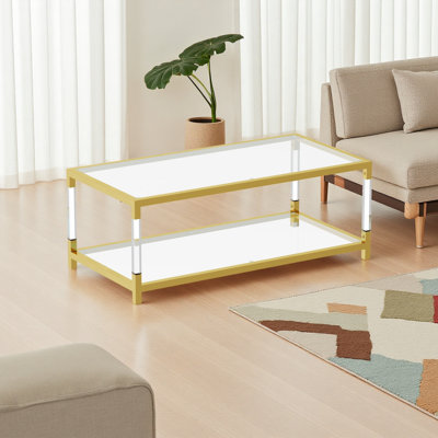 Modern Acrylic Leg Coffee Table, Double Layer Tempered Glass Top With Metal Frame
