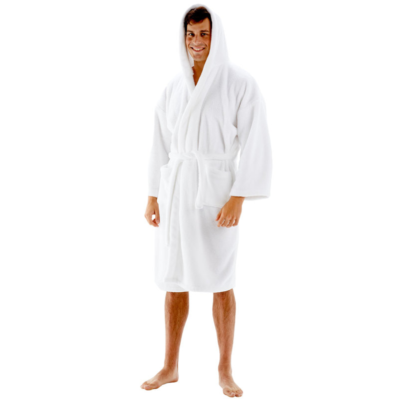 Peignoir 100% microfibre molletonné au-dessus du genou avec poches et capuche, Blanc, L