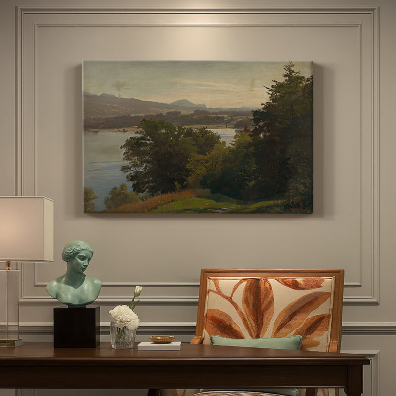 Paysage boisé avec une toile tendue sur toile Lake-Hans Gude-c. Milieu du 19e siècle, 8 x 12