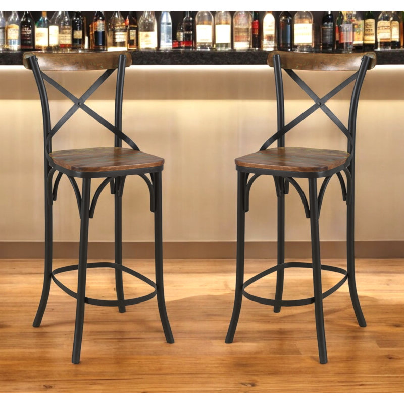 30" Brown and Black Solid Wood and Metal Counter Height Bar Chair