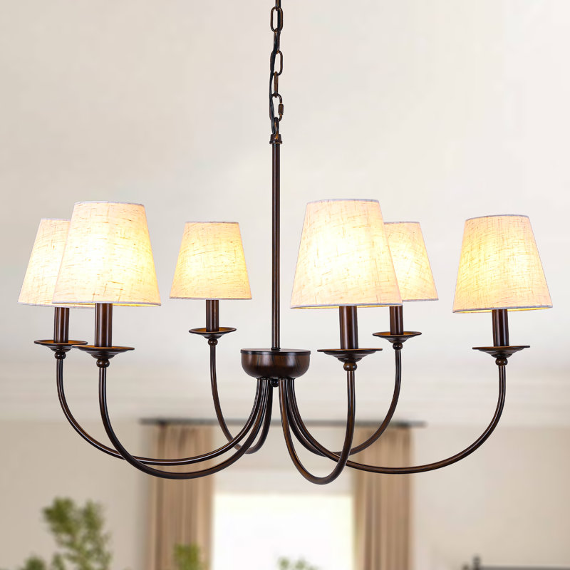 Luminaire suspendu linéaire 6 lumières pour îlot de cuisine, abat-jour en tissu blanc campagnard pour salle à manger