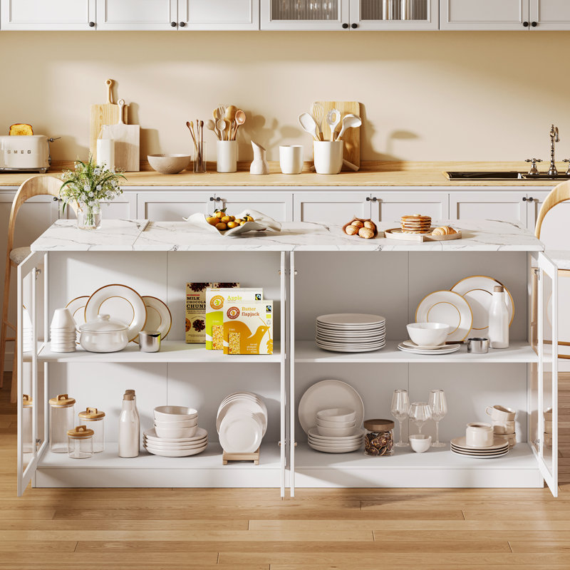 Îlot de cuisine 78,7 po avec grands tiroirs et armoires, armoire de cuisine avec lumières DEL, blanc