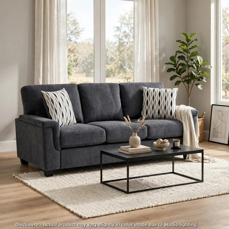 Canapé Deva avec 2 coussins, accoudoirs profilés, chenille gris foncé, noir 82 pouces