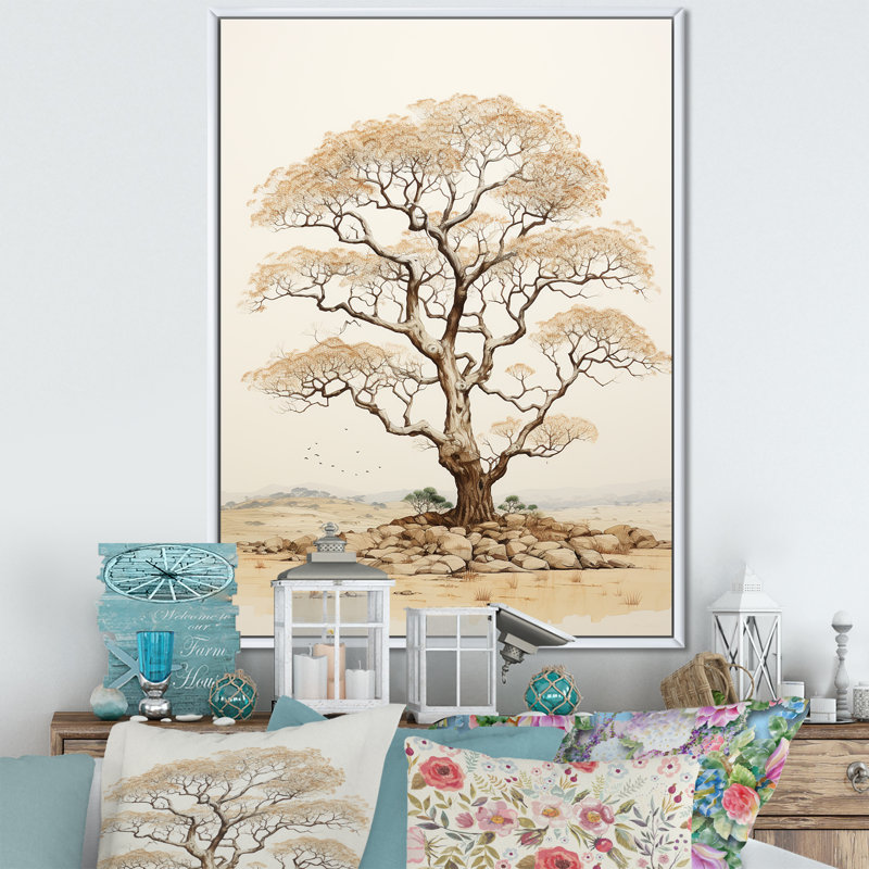 Baobab, arbre beige, minimalisme I - arbre, baobab, estampes, Cadre flottant blanc, H 20 po x l 12 po