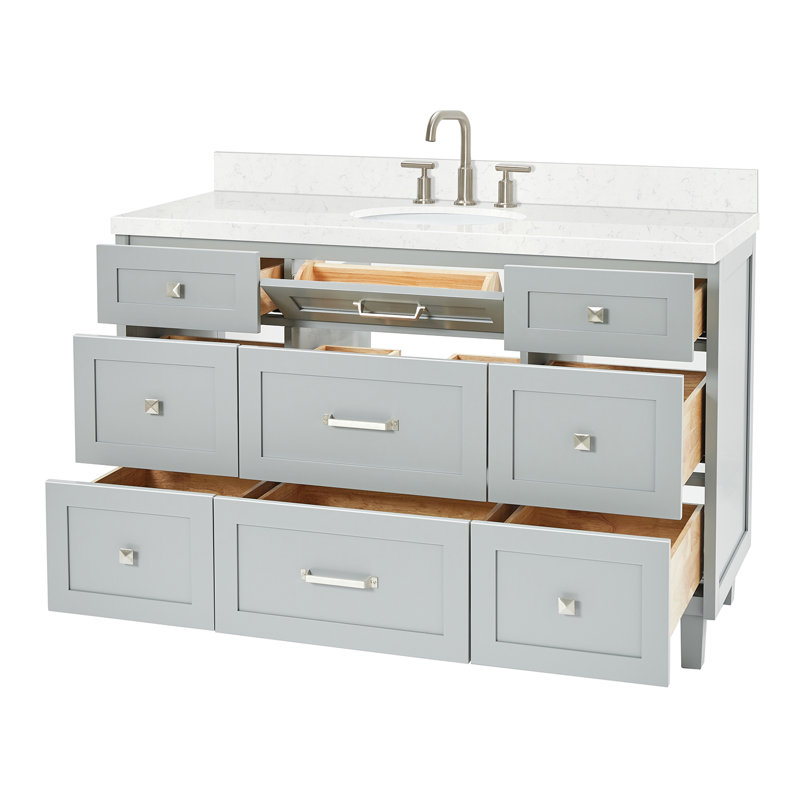 ARIEL Monrow Single Sink Bathroom Vanity with Carrara Quartz Top, Gray, 54", Carrara White Quartz