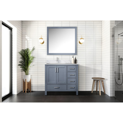 Meuble-lavabo gris foncé 36 po L, P 22 po, surface en marbre décalée à gauche, robinet à un trou en acier inoxydable et miroir de l 34 po x H 32 de large pour la salle de bain, profond, haut, miroirs