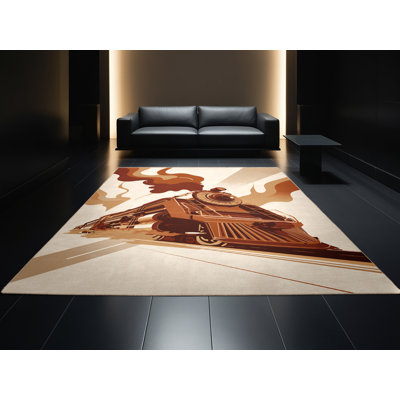 Machine Washable Daleville Old Mining Train Modern Rug in Beige – Beige Binding