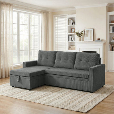 Upholstered L-Shape Grey Corduroy Space-Saving Sleeper Pull-Out Sofa With Hidden Storage
