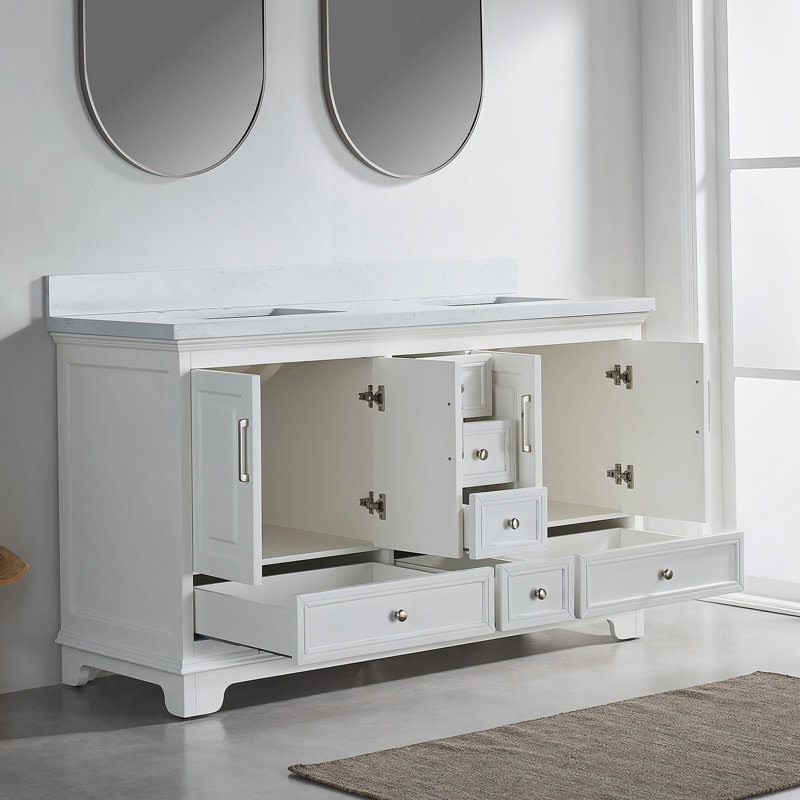 Meuble-lavabo double autoportant de 60 po avec pierre artificielle entièrement assemblé, Blanc