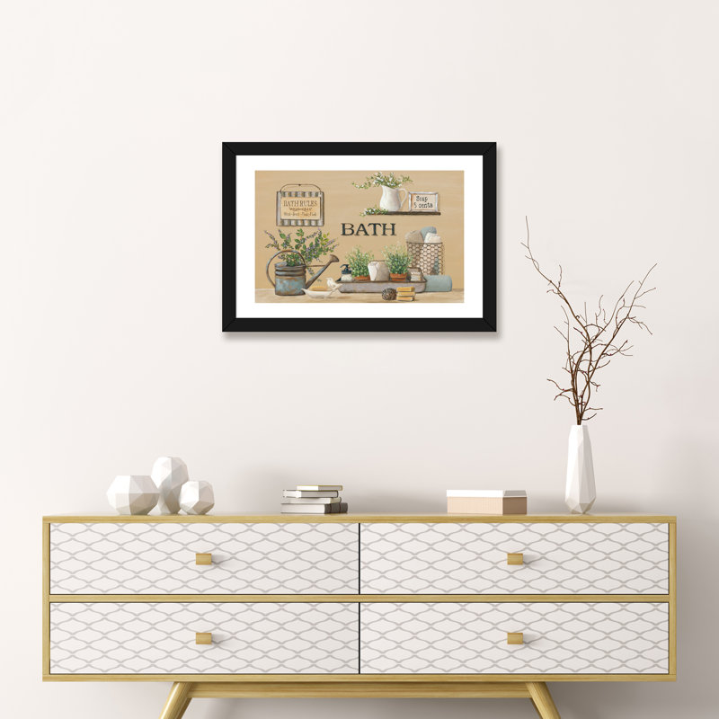 " Farmhouse Bath II " by Pam Britton, 16" H x 24" W x 1" D, Black Framed Paper