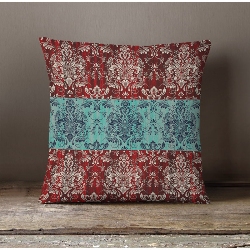 Throw Pillow With Insert, 20"H x 20"W, Blue/Red Damask 3