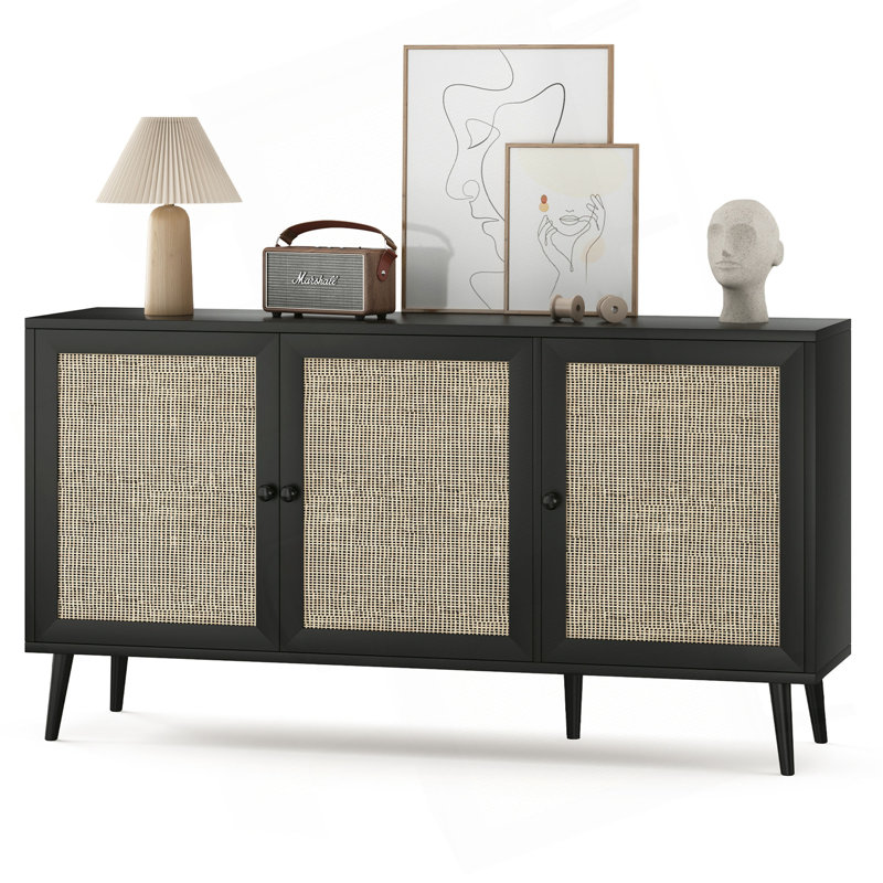 Buffet avec 3 portes en rotin, armoire de rangement moderne pour le salon de l'entrée, H 31,1 po x l 59,1 po x P 15,4 po