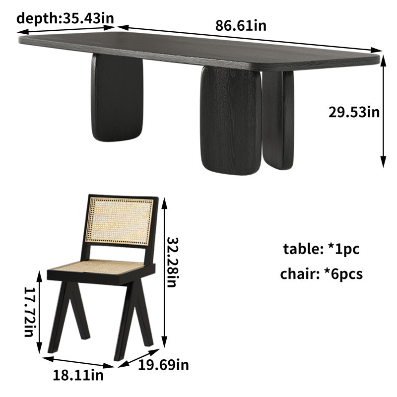Black Solid Wood Ash Dining Table Set, 29.53"H x 86.61"L x 35.43"W