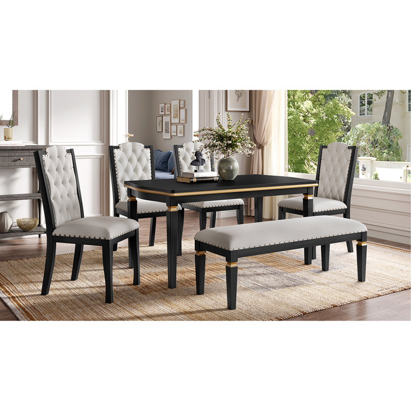 Ensemble de table de salle à manger 6 pièces, table rectangulaire de 60 po, 4 chaises capitonnées à dossier haut et 1 banc pour la salle à manger et la cuisine (noir)