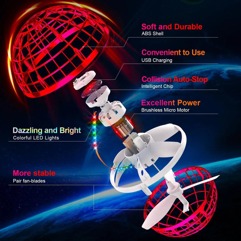 Boule en forme de globe volant, globe flottant de drone Boomerang, pour un jeu intérieur / extérieur, Rouge
