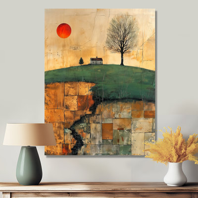 «Brun vert, automne, maison de campagne, coucher de soleil I - ferme, art mural salon