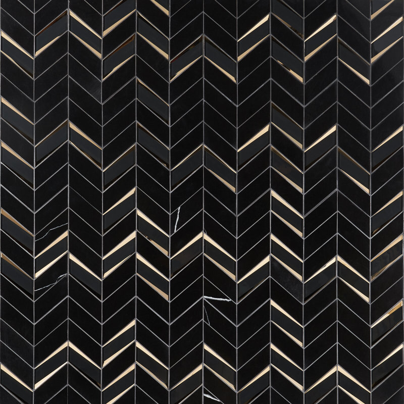 Kasol 11x13 Chevron Polished Marble and Mirrorerd Glass Mosaic Tile