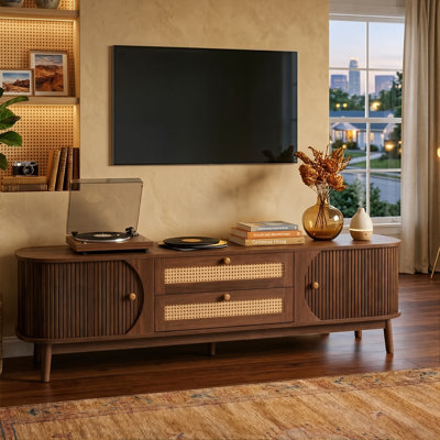 67" Rattan Chiasson For Tvs Up To 75", Modern Farmhouse Media Console With 2 Hand-Woven Drawers And Solid Wood Sliding Doors