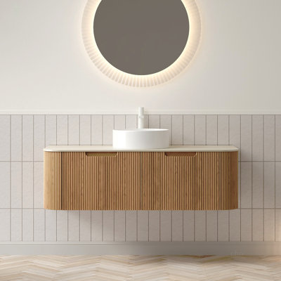 48" Bathroom Vanity&Sink, Floating Curved Edge Striped Plywood Storage Cabinet with 2 Drawers, Round Ceramic Basin&Travertine-Pattern Sintered Stone Top, Pre-assembled