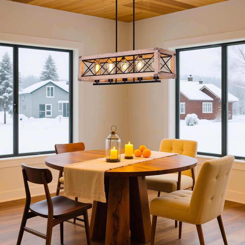 Farmhouse Chandelier Pendant Light, 5-Light Adjustable Height Wooden Black Ceiling Fixture For Kitchen Island, Dining Room, Pool Table, Rustic Modern Lighting