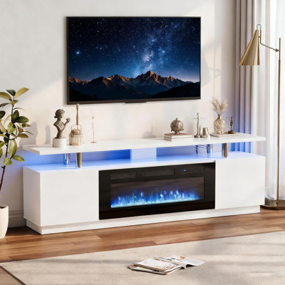 Meuble télé 70 po avec insert électrique 36 po, centre de divertissement à DEL changeant de couleur, armoires de rangement et tablettes ouvertes, pour téléviseur de 80 po ou moins, fini blanc