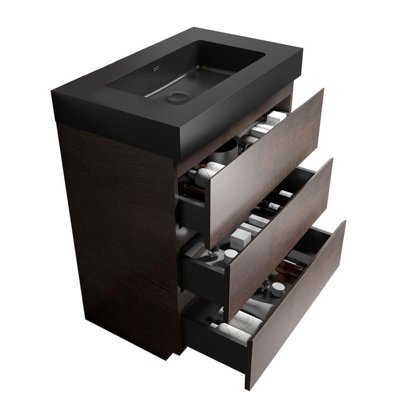 Meuble-lavabo moderne avec lavabo, Noir, 30", Noyer