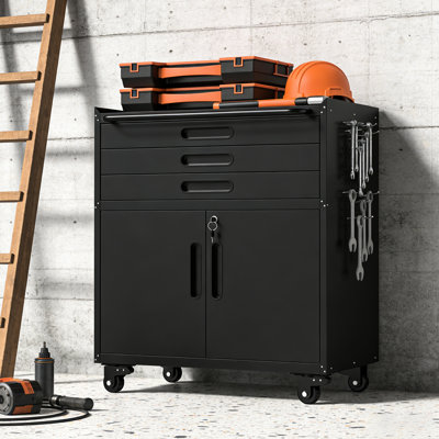 Armoire à outils mobile de 35,11 po de hauteur, conception en métal noir avec tablette réglable, glissières de tiroir silencieuses et 4 étagères pivotantes robustes de 34,3 po, organisateur tout-un 3 tiroirs, 2 compartiments verrouillables,