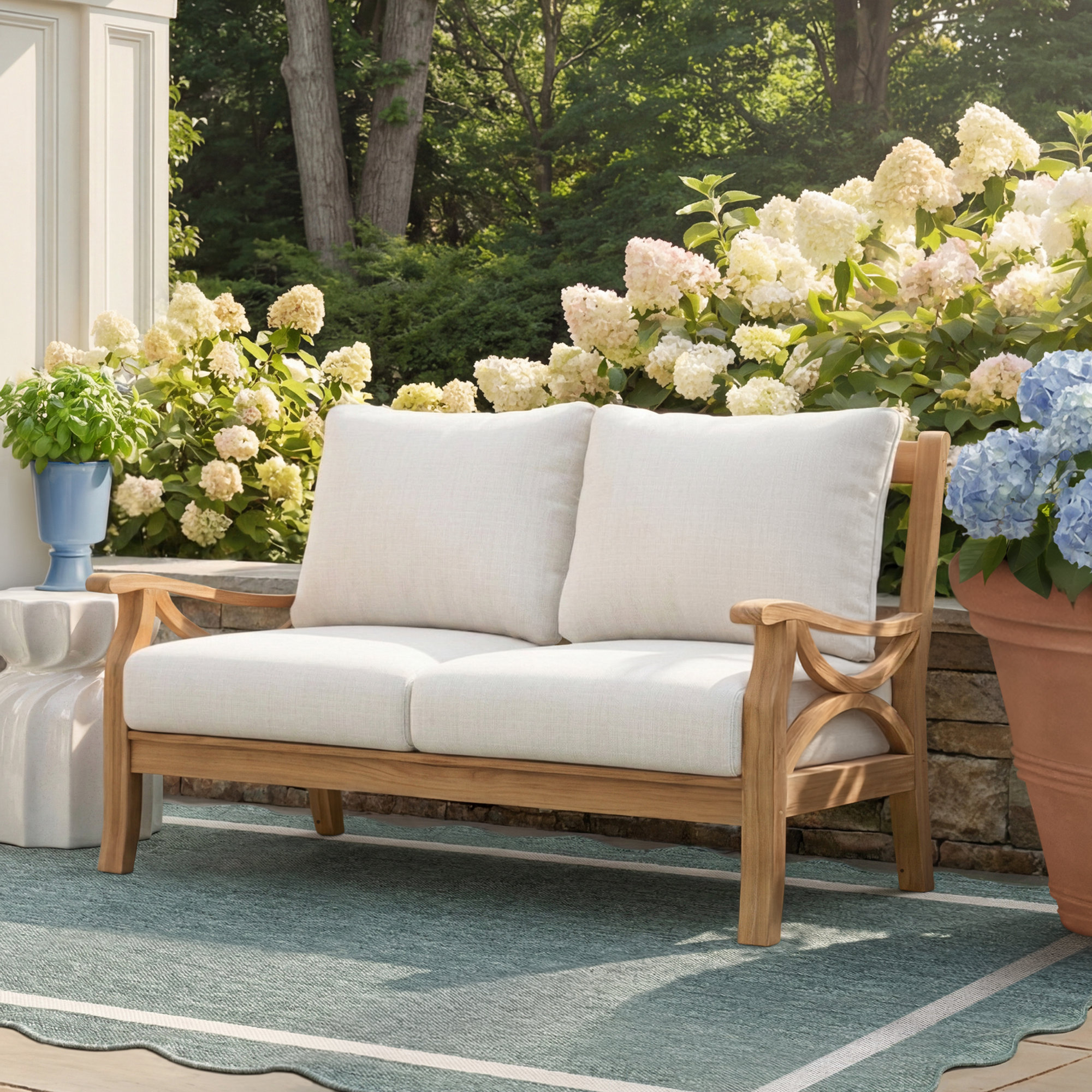 Brunswick 52'' Wide Rectangle Teak Loveseat with Cushions, Natural, Beige