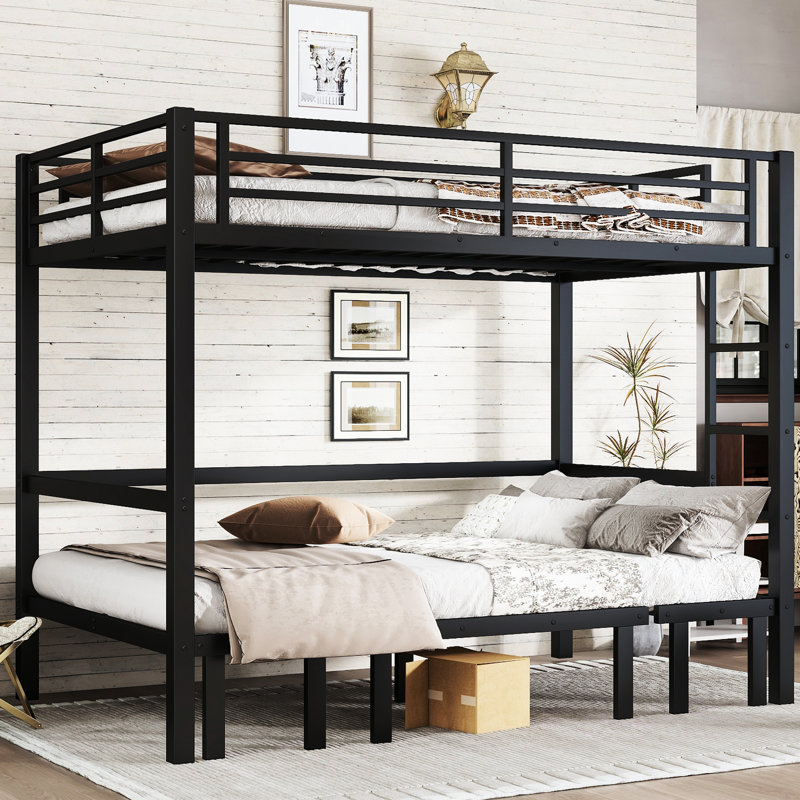 Full Over Black Metal Bunk Bed, Lower Can Be Pulled Out For Parent - Games, Top With Guardrail Pulls In Three Sections, Comfortable And Safe Bedroom Sleep