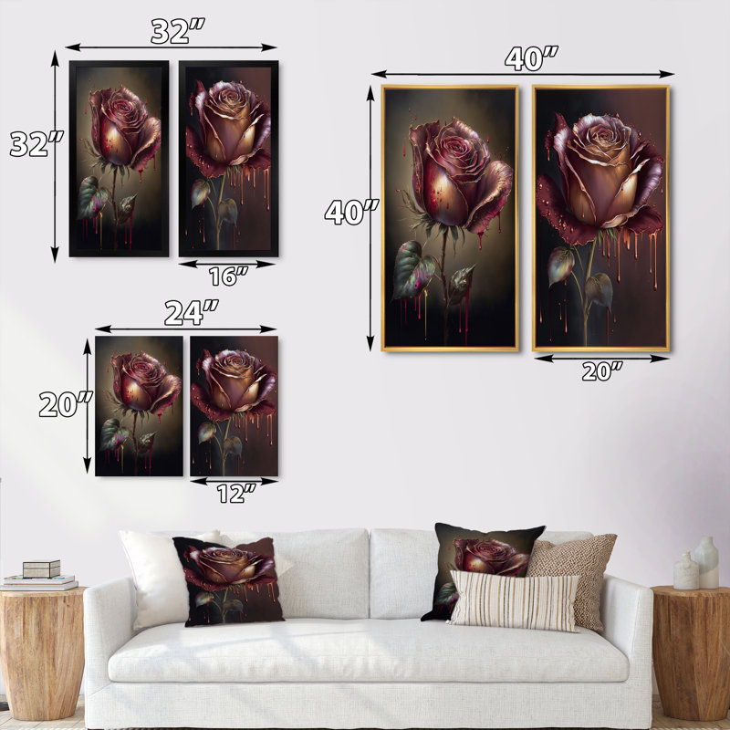 «Red Paint Drip Rose», 2 pièces sur toile, Cadre blanc, H 32 po x l 32 po
