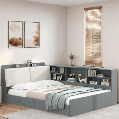 Lit plateforme avec 2 tiroirs, tablettes de rangement, tête de lit tapissier et plateau de rangement rotatif