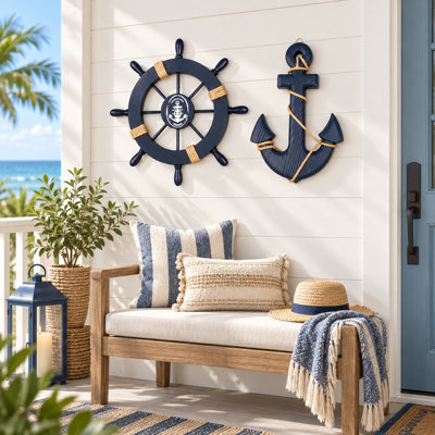 2 Pack Nautical Wooden Ship Wheel and Anchor Wall Decor Set, Blue Coastal Boat Steering Wheel and Rope Hanging Art for Home, Beach Theme Decoration