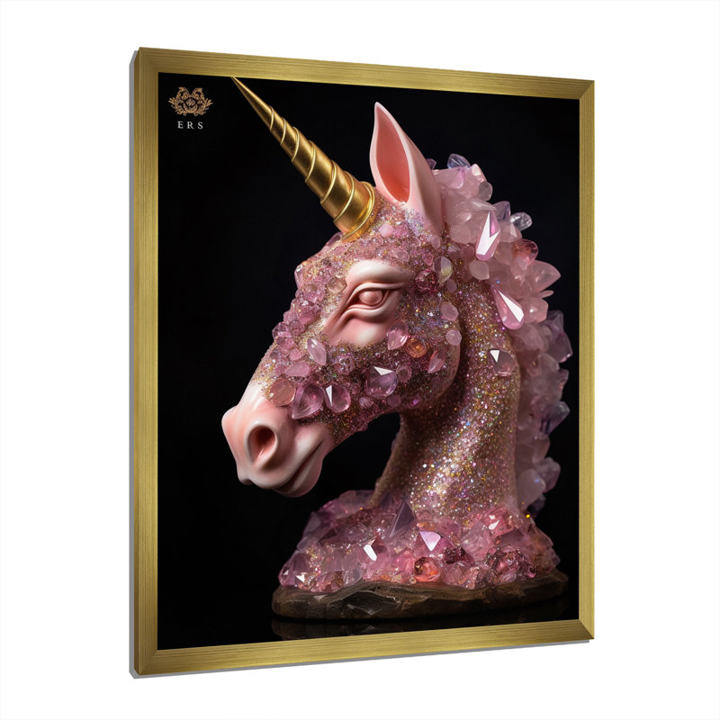 Portrait d'une licorne rose en 3D sur toile, Cadre doré à une seule photo, H 32 po x l 24 po x P 1 po