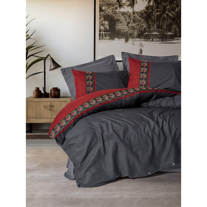 100% Cotton Ranforce Single Quilt Cover Set, Anthracite | Includes Duvet Cover (63 x 87), Flat Sheet (71 x 95), Pillowcase (20 x 28) | Machine Washable, 145 Thread Count, Elegant Design with Button Closure