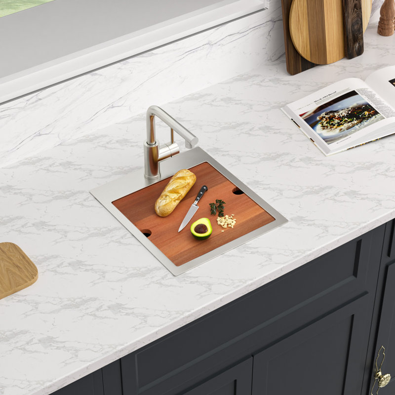 Évier de cuisine à cuve simple à montage sur plan en acier inoxydable de calibre 16 avec robinet coulissant L 15 po x l 17 po