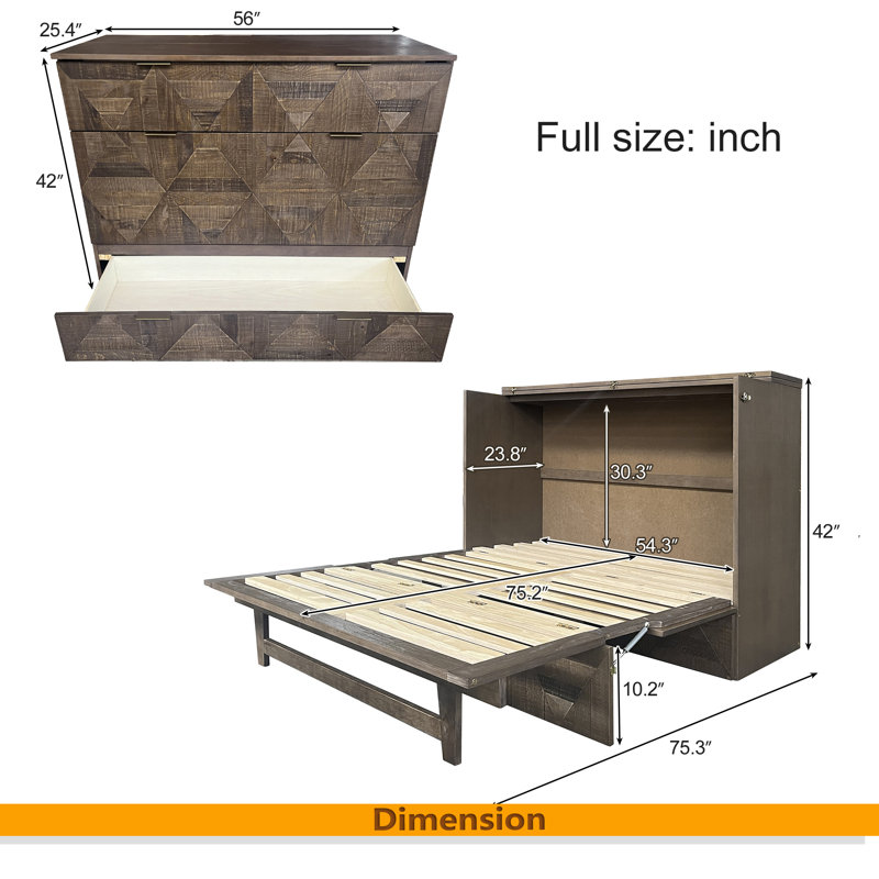 Armoire lit escamotable avec station de charge et grand tiroir de rangement, lit escamotable pliable en placage géométrique pour bureau à domicile, salon, brun