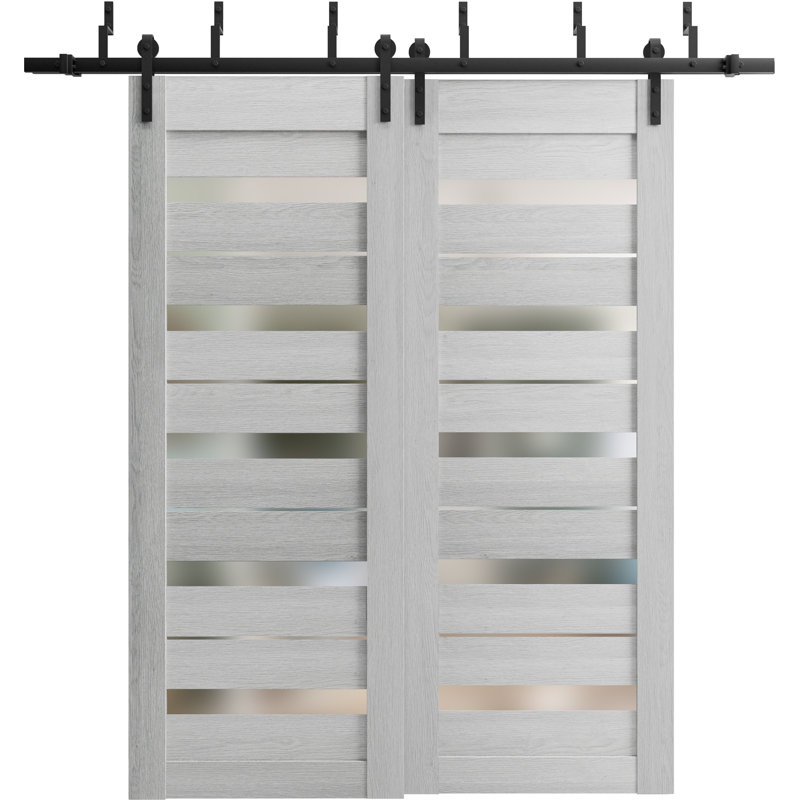 Portes coulissantes de style grange avec verre dépoli Quadro 4445 en chêne gris pâle, rails robustes de 2 m, ensemble de quincaillerie, portes de placard de chambre en bois massif - 84 x 80 (2 x 42 x 80)