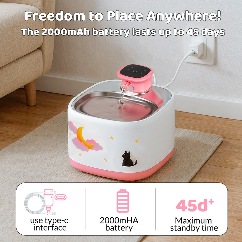 Fontaine à eau sans fil moderne au clair de lune 71 oz Modern - Boost Hydratation pour petits et grands chats
