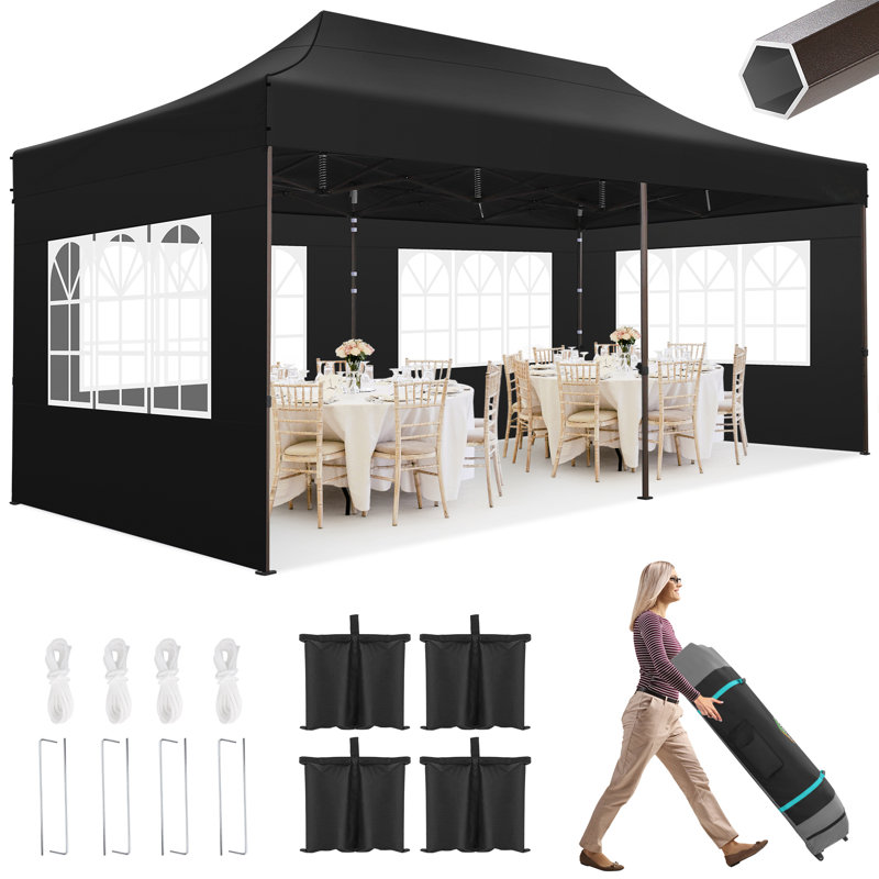 COBIZI 20 Ft. W x 10 Ft. D Heavy Duty Pop up Canopy Tent with 6 Sidewalls, Black