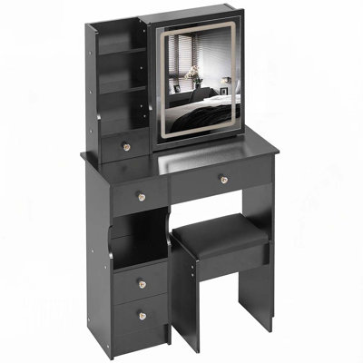 29.2" Small Size Left Drawer Desktop Vanity Table + Cushioned Stool, Large Sliding, Touch Control, Tri-color Switching, Brightness Adjust LED Mirror, High Capacity Storage, Suitable for Small Space