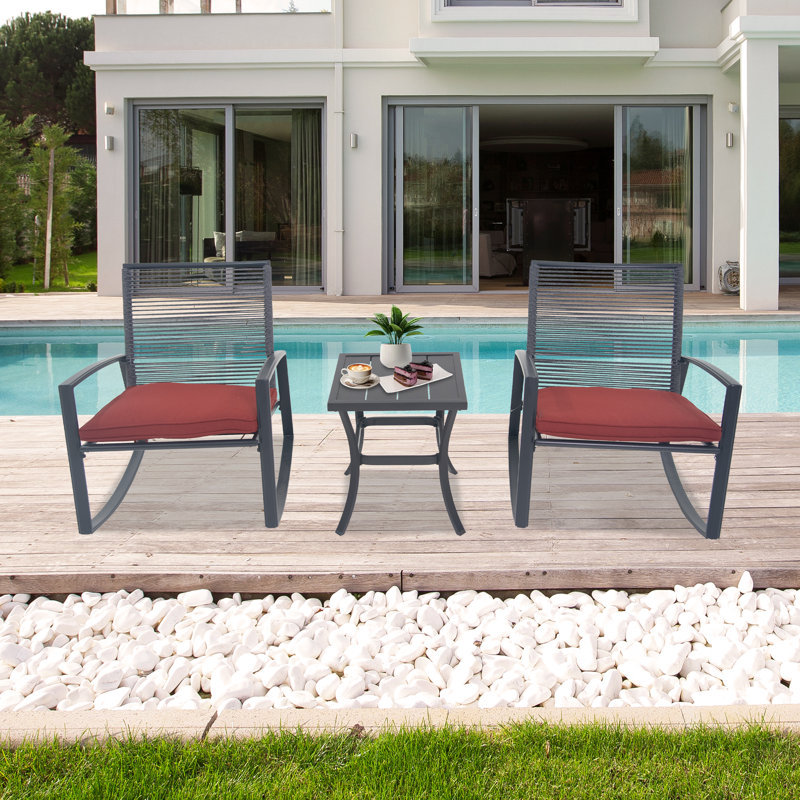 2-person Outdoor Patio Bistro Metal Rocking Conversation Set With Table, Red