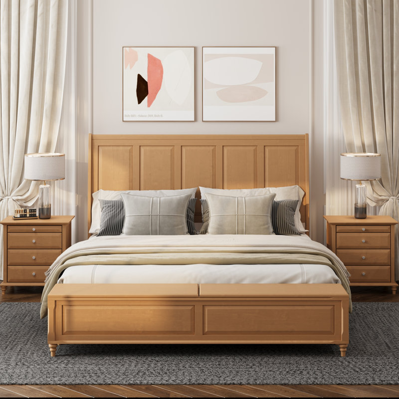 Lit King avec banc de rangement, cadre traîneau en bois massif, chambre à coucher moderne et rustique