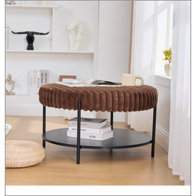 30.9"Wide Upholstered Round Ottoman Coffee Table Foot Rest with Black Metal Legs, Footstool with Wooden Open Storage Shelf,Faux Fur Footstool for Living Room Bedroom Entryway Hotel