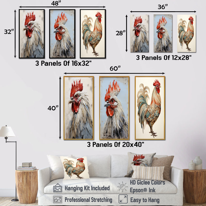 Loyal Rooster Portrait - Ensemble de 3 reproductions d'art mural coq, Cadre flottant blanc, H 28 po x l 36 po