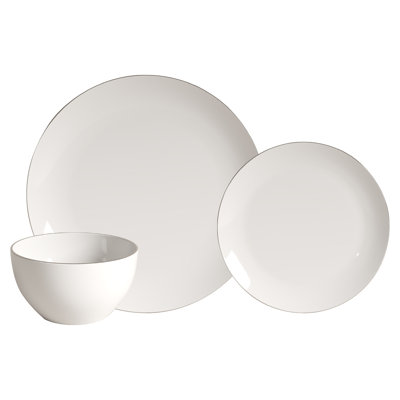 Home Royale 12-Piece Porcelain Dinnerware Set, Service for 4, White with Platinum Silver Rim