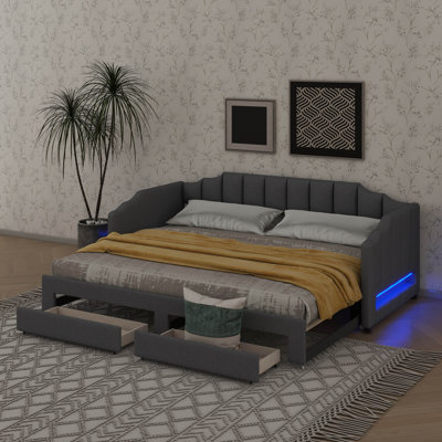 Twin XL Daybed With Integrated Compartment & Pull-Out Trundle, Upholstered Design Featuring LED Lighting