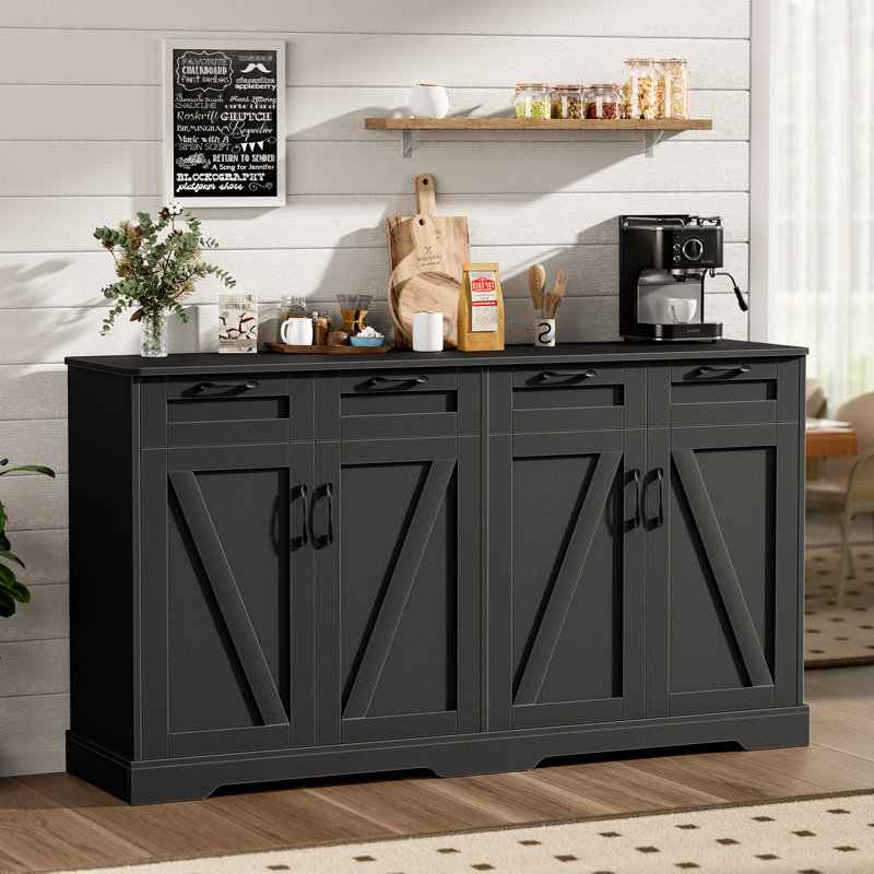 Buffet 60 po avec rangement, station de café avec 4 tiroirs et 4 portes de grange, noir, Noir