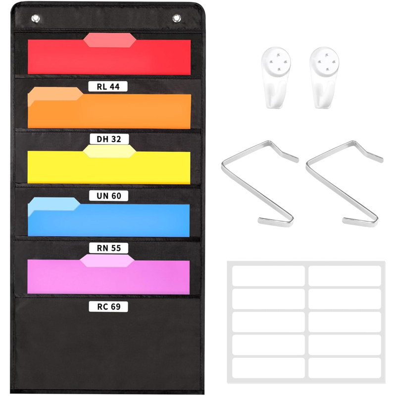 Organisateur de dossiers mural à 5 poches, tableau de poche noir pour dossier et papier, économiseur d'espace pour le bureau et la salle de classe, avec crochets muraux, crochets de porte, étiquettes