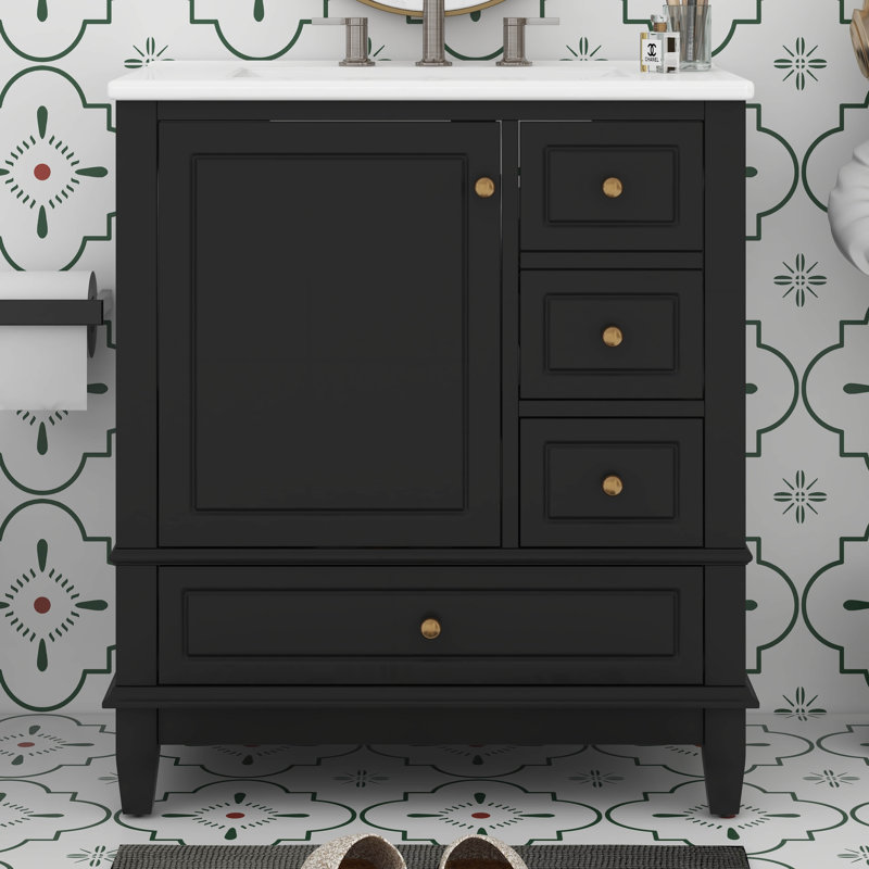 Ensemble de meuble-lavabo simple 30 po avec une porte et trois tiroirs, une armoire de rangement en bois massif de 30 po avec lavabo