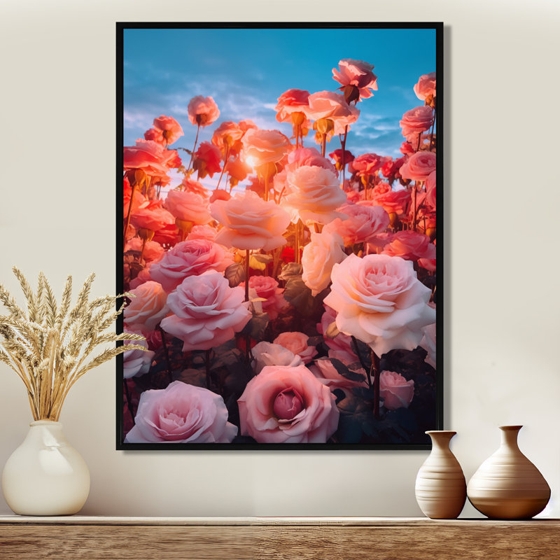 Décoration murale rose, champ rose, coucher de soleil - roses, H 20 po x l 12 po x P 1 po, Toile avec cadre flottant noir